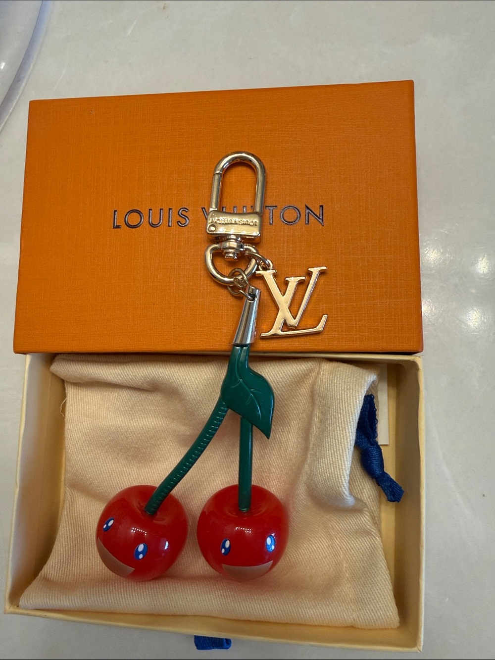 Louis Vuitton Red Cherry Key Charm with Gold LV Initial